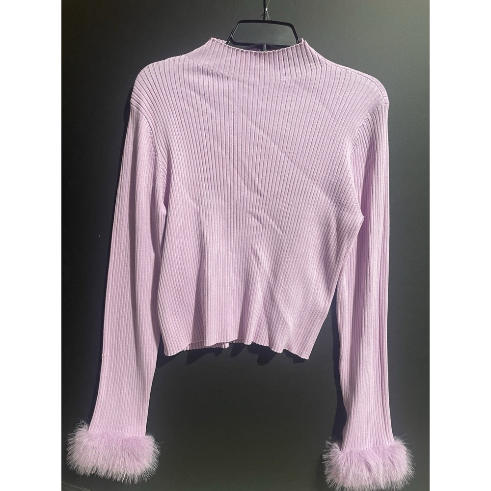 Sweet Rain Women's Pink Ribbed Long Faux Fur Sleeve High Neck Cropped Sweater XL
